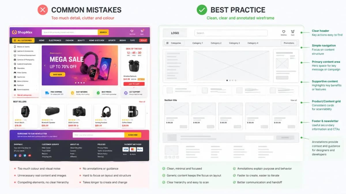 Common wireframing mistakes: skipping lo-fi, no user goal, no annotations, designing for self, treating as final